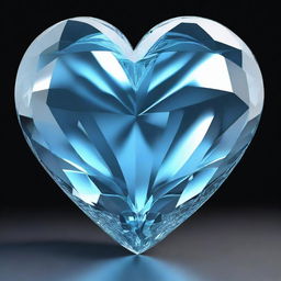 A highly detailed 3D rendering of a large light blue crystal heart, set against a solid black background