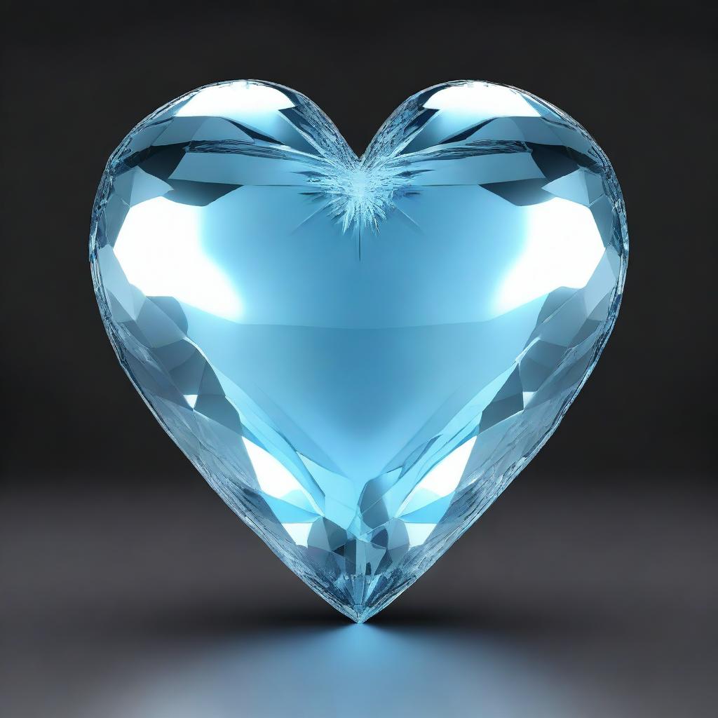 A highly detailed 3D rendering of a large light blue crystal heart, set against a solid black background