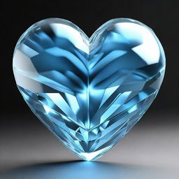 A highly detailed 3D rendering of a large light blue crystal heart, set against a solid black background