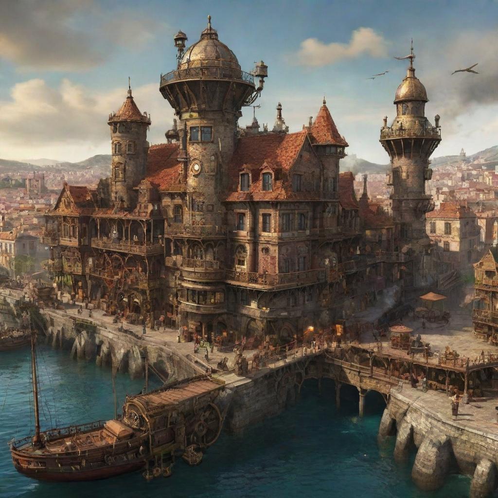 A captivating vision of Spain with steampunk influences, portraying Barcelona complemented with Victorian-era architecture, the rustic landscapes amplified with steam-powered structures, and the coastline animated by mechanical sea creatures.