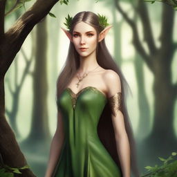 Create an image of a very pretty female wood elf with delicate features, long flowing hair, and pointed ears