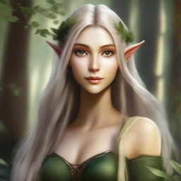 Create an image of a very pretty female wood elf with delicate features, long flowing hair, and pointed ears