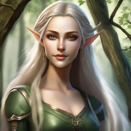 Create an image of a very pretty female wood elf with delicate features, long flowing hair, and pointed ears