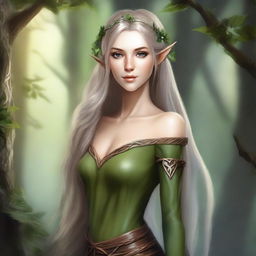 Create an image of a very pretty female wood elf with delicate features, long flowing hair, and pointed ears