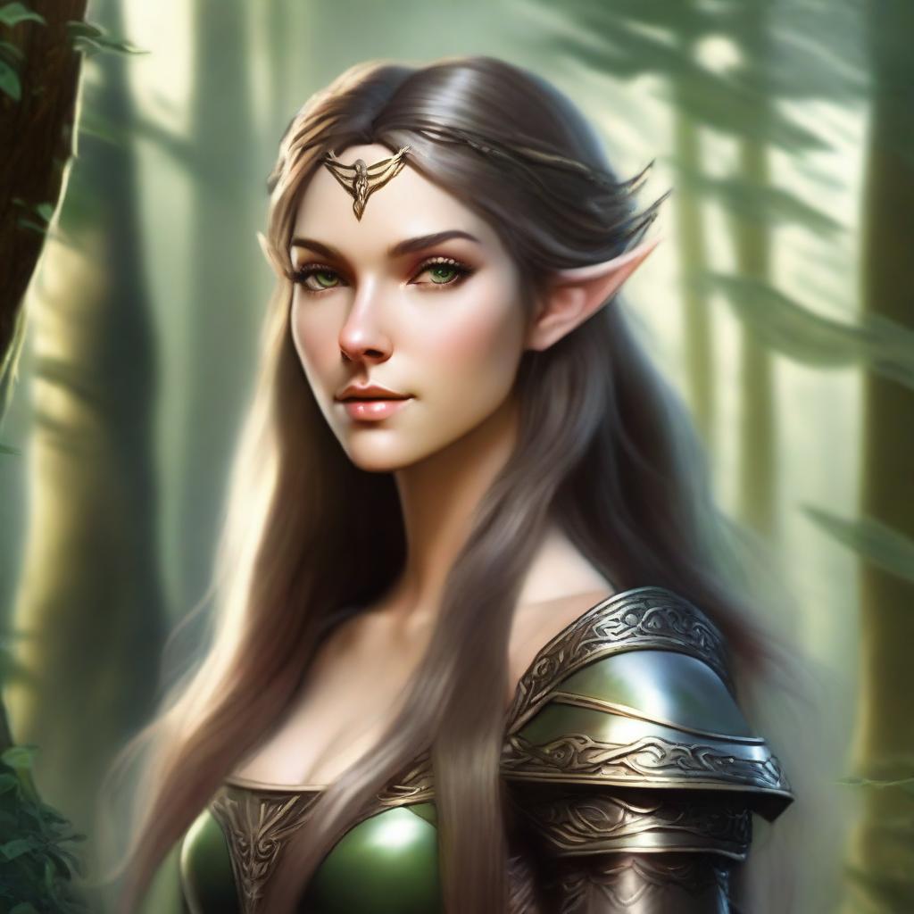 Create an image of a very pretty and strong female wood elf with delicate yet defined features, long flowing hair, and pointed ears