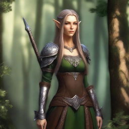 Create an image of a very pretty and strong female wood elf with delicate yet defined features, long flowing hair, and pointed ears