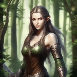 Create an image of a very pretty and strong female wood elf with delicate yet defined features, long flowing hair, and pointed ears