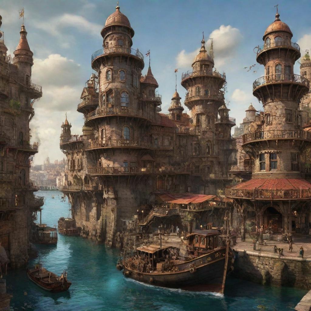 A captivating vision of Spain with steampunk influences, portraying Barcelona complemented with Victorian-era architecture, the rustic landscapes amplified with steam-powered structures, and the coastline animated by mechanical sea creatures.