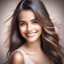 A portrait of a beautiful girl with striking features, radiant smile, and flowing hair