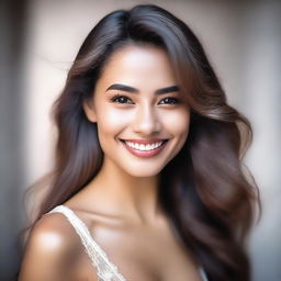 A portrait of a beautiful girl with striking features, radiant smile, and flowing hair