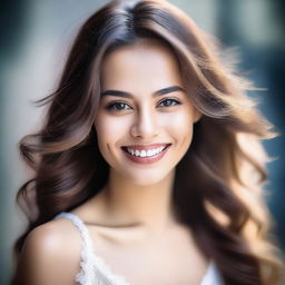 A portrait of a beautiful girl with striking features, radiant smile, and flowing hair