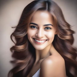 A portrait of a beautiful girl with striking features, radiant smile, and flowing hair