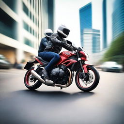 A motorbike with two passengers riding at high speed, with air flow stream lines around them to indicate motion