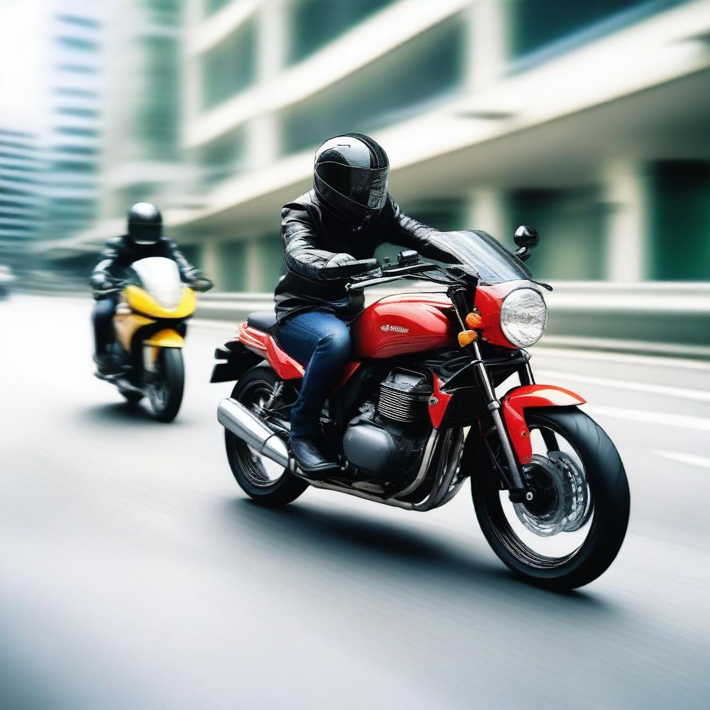 A motorbike with two passengers riding at high speed, with air flow stream lines around them to indicate motion