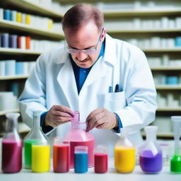 A man wearing a lab coat and safety goggles is in a laboratory, carefully mixing different colored powders in a beaker