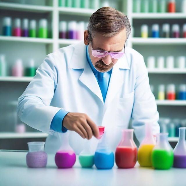 A man wearing a lab coat and safety goggles is in a laboratory, carefully mixing different colored powders in a beaker