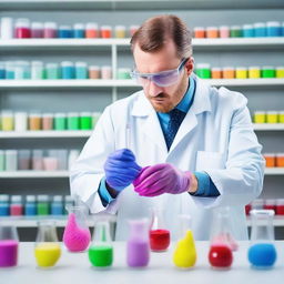 A man wearing a lab coat and safety goggles is in a laboratory, carefully mixing different colored powders in a beaker