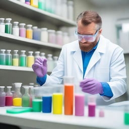 A man wearing a lab coat and safety goggles is in a laboratory, carefully mixing different colored powders in a beaker