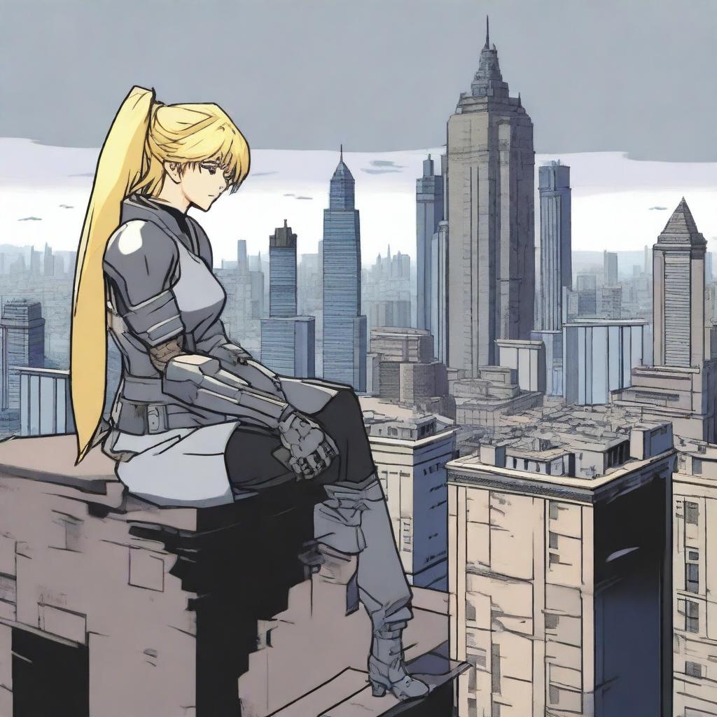 A blonde-haired protagonist wearing gray combat armor is sitting and leaning against an old wall on the roof of a building