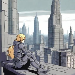 A blonde-haired protagonist wearing gray combat armor is sitting and leaning against an old wall on the roof of a building