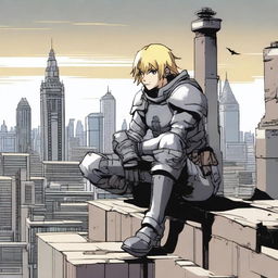 A blonde-haired protagonist wearing gray combat armor is sitting and leaning against an old wall on the roof of a building