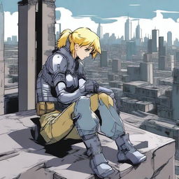 A blonde-haired protagonist wearing gray combat armor is sitting and leaning against an old wall on the roof of a building