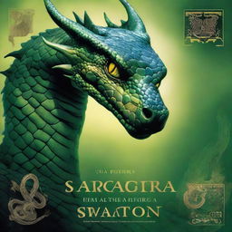 Una portada de una saragura, una criatura mítica con características de dragón y serpiente, en un entorno mágico y misterioso