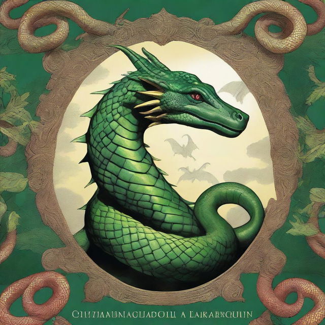 Una portada de una saragura, una criatura mítica con características de dragón y serpiente, en un entorno mágico y misterioso