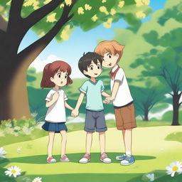 A scene featuring a girl holding hands with a boy while another boy is kneeling and offering flowers to the girl