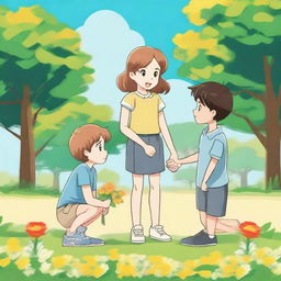 A scene featuring a girl holding hands with a boy while another boy is kneeling and offering flowers to the girl