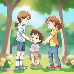 A scene featuring a girl holding hands with a boy while another boy is kneeling and offering flowers to the girl