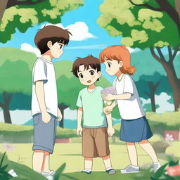 A scene featuring a girl holding hands with a boy while another boy is kneeling and offering flowers to the girl