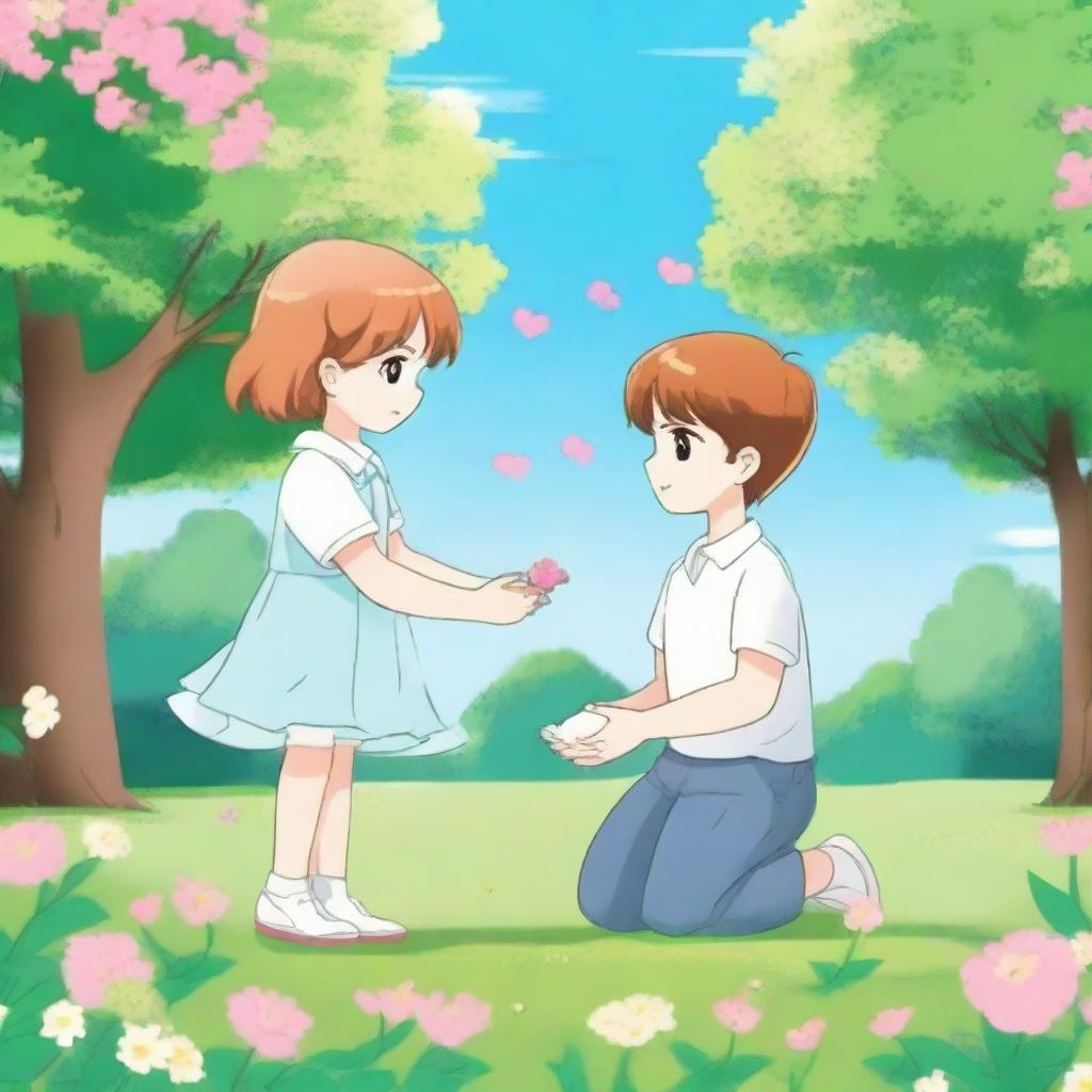 A girl and a boy holding hands while another boy kneels and offers flowers to the girl