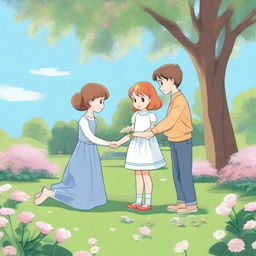 A girl and a boy holding hands while another boy kneels and offers flowers to the girl