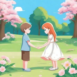 A girl and a boy holding hands while another boy kneels and offers flowers to the girl