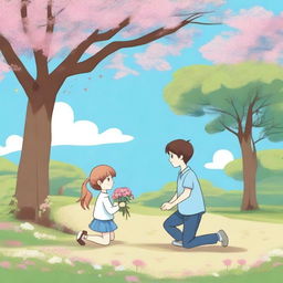 A girl and a boy holding hands while another boy kneels and offers flowers to the girl