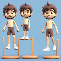 Create a cute 3D character of a 7-year-old boy named Tom with wavy hair and brown eyes, wearing a gym outfit