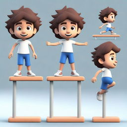 Create a cute 3D character of a 7-year-old boy named Tom with wavy hair and brown eyes, wearing a gym outfit