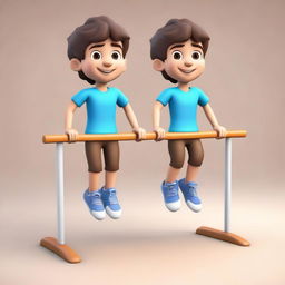 Create a cute 3D character of a 7-year-old boy named Tom with wavy hair and brown eyes, wearing a gym outfit