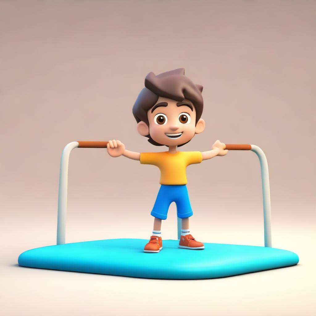 Create a cute 3D character of a 7-year-old boy named Tom with wavy hair and brown eyes, wearing a gym outfit