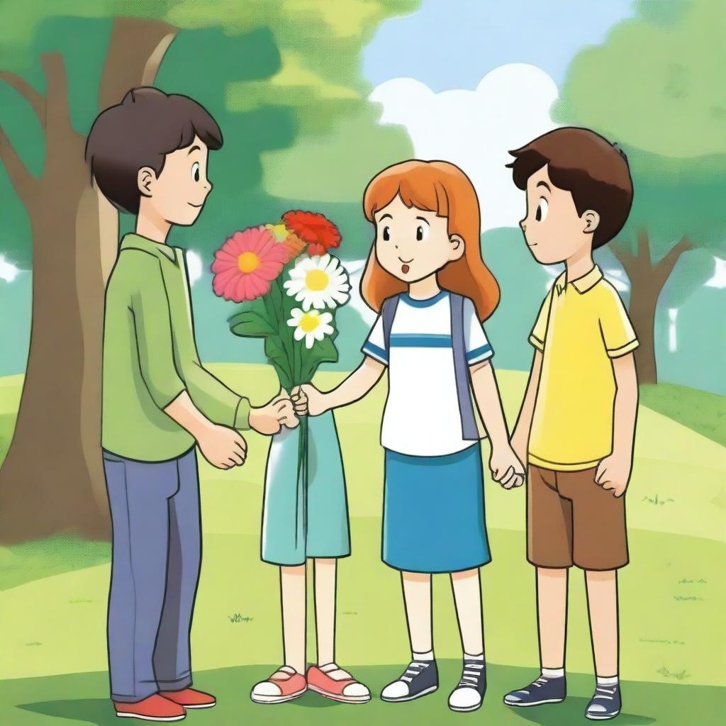 A scene where a girl is holding hands with a boy while another boy is giving flowers to the girl