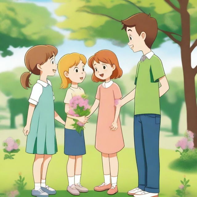 A scene where a girl is holding hands with a boy while another boy is giving flowers to the girl