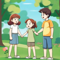 A scene where a girl is holding hands with a boy while another boy is giving flowers to the girl