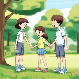 A scene where a girl is holding hands with a boy while another boy is giving flowers to the girl