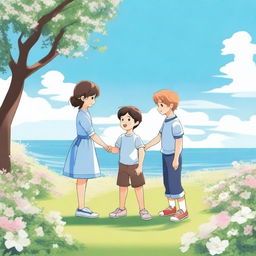 A girl and a boy are holding hands, while another boy is kneeling and offering flowers to the girl