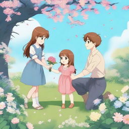 A girl and a boy are holding hands, while another boy is kneeling and offering flowers to the girl