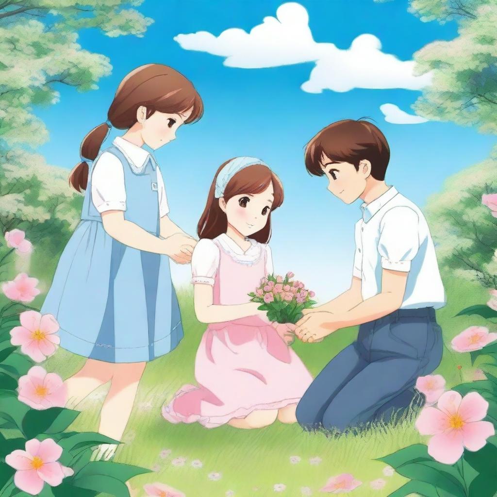 A girl and a boy are holding hands, while another boy is kneeling and offering flowers to the girl