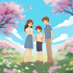 A girl and a boy are holding hands, while another boy is kneeling and offering flowers to the girl