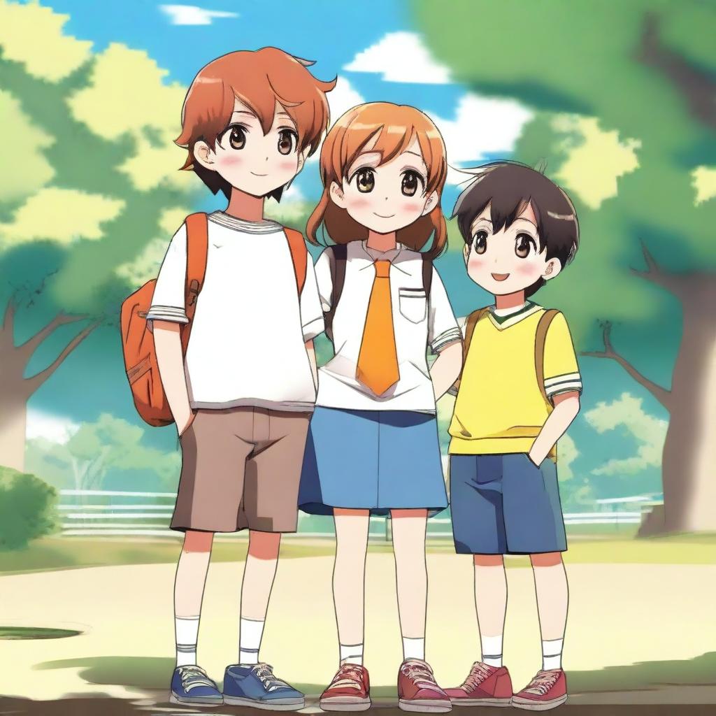 A scene featuring one girl and two boys standing together