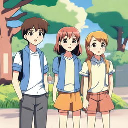 A scene featuring one girl and two boys standing together